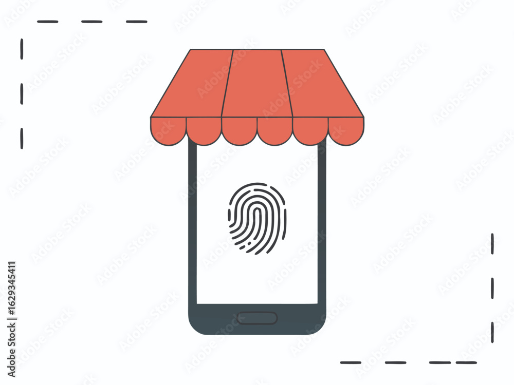 Poster smartphone with a storefront awning and a fingerprint icon for secure shopping mobile phone