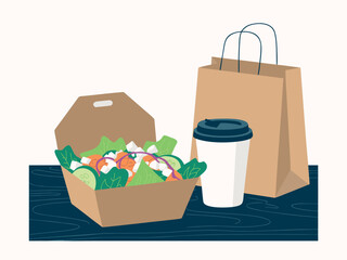 Takeaway Salad and Coffee Cup with Paper Bag on Table food lunch