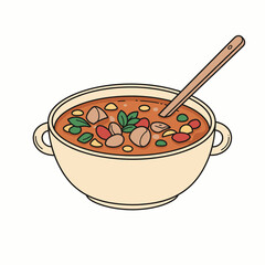 Bowl of minestrone soup with spoon and vegetables on white background  