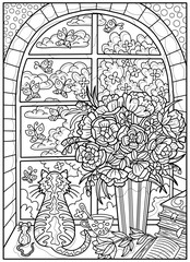 Hand drawn illustration with cat, books and flowers on the windowsill with garden view for coloring page. Line art vector illustration. Vintage concept