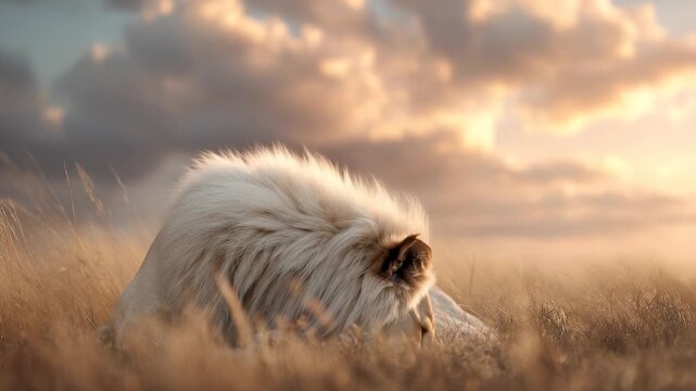 White lion resting on grassland during sunset. Long mane blowing in wind. Animal lies in tall grass. Safari wildlife scene shows nature and predator in golden light. Wild lion mane grass sunset