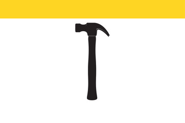 Minimalist black silhouette icon of a claw hammer, a versatile tool for construction, repair, and DIY projects, on a white and yellow background.