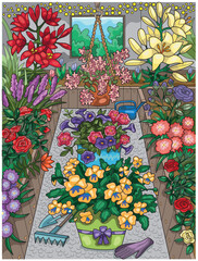 Hand drawn colorful illustration with beautiful flowers in the garden greenhouse. Line art vector illustration. Spring and summer botanical and farming background with gardening objects, vintage conce