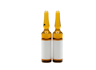  amber glass medical ampoules with blank labels isolated on transparent background