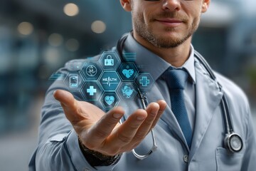 A hand displays an advanced cyber health technology interface, presenting innovative digital medical solutions for future wellness and care systems.