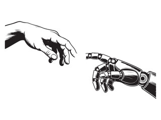 A Human helping hand Robot digital version line art, Touching virtual world, touch the finger of human outline background, artificial intelligence technology