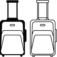 Luggage, suitcase and travel bag icons set in flat and outline style, black vectors collection, carry-on case symbols bundle, tourism baggage silhouette, airport trip design and trolley illustrations.