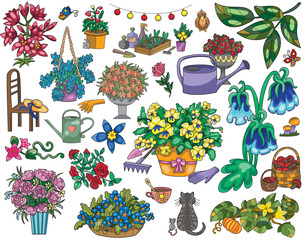 Vintage design set of colorful stickers with gardening objects, plants and flowers isolated on white. Cartoon vector illustration with doodles. Spring and summer botanical and farming concept