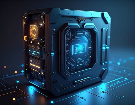 Futuristic tech cube with glowing circuits