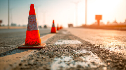 Road construction cones guiding vehicle lane during sunset