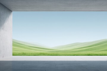 Fototapeta premium Minimalist interior space with large window showcasing serene green hills and clear blue sky, creating a peaceful and tranquil atmosphere