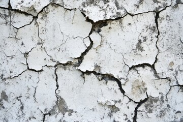 Cracked, aged white plaster wall with dark fissures and weathering, showing texture and decay