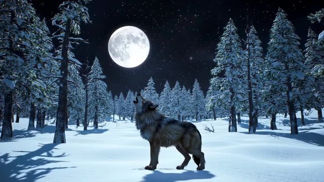 Majestic wolf howls at night under snowy forest moon