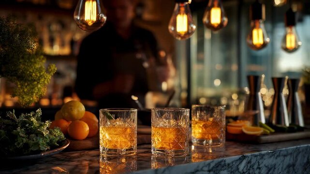 Amber Edison bulbs reflect on polished glassware as a bartender crafts cocktails with marble countertops displaying fresh citrus wedges and precise jiggers in warm inviting