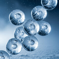 A luminous blue glass sphere resembling a planet hangs in abstract space, surrounded by glistening Christmas ornaments