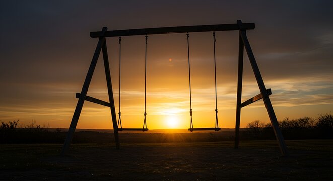 Silhouette of an empty swing set against a vibrant and colorful sunset, a powerful image of nostalgia, childhood, and reflection.