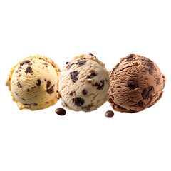 Chocolate chip cookie ice cream scoop concept. Delicious scoops of chocolate chip ice cream in various flavors.