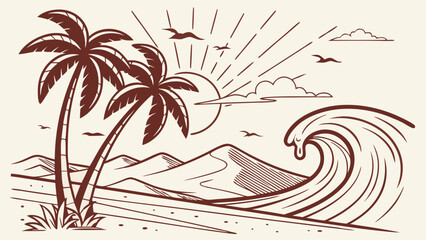 Retro Beach Scene with Palm Trees and Wave.