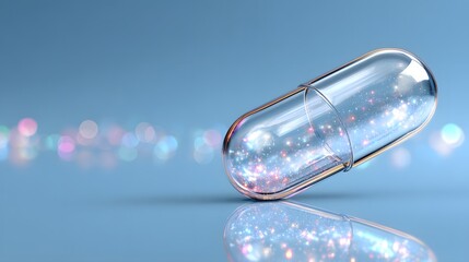 Futuristic translucent capsule floating against a blue medical backdrop with light refraction.