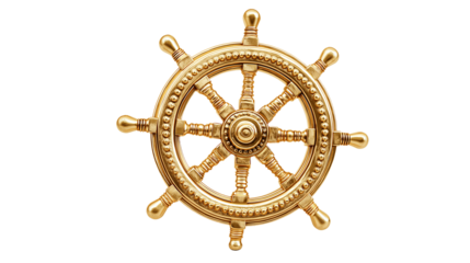 Golden Ship wheel isolated on white and transparent background, cut out png