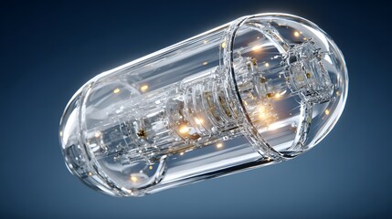 Futuristic translucent capsule floating against a blue medical backdrop with light refraction.