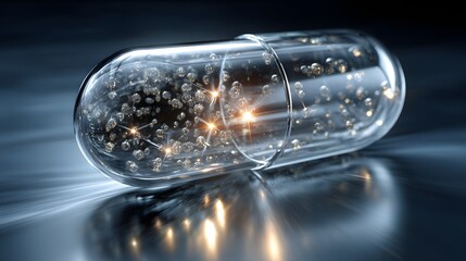 Futuristic translucent capsule floating against a blue medical backdrop with light refraction.