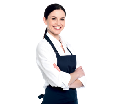 Portrait of a smiling woman wearing a cooking apron, standing in a kitchen setting, isolated on transparent background