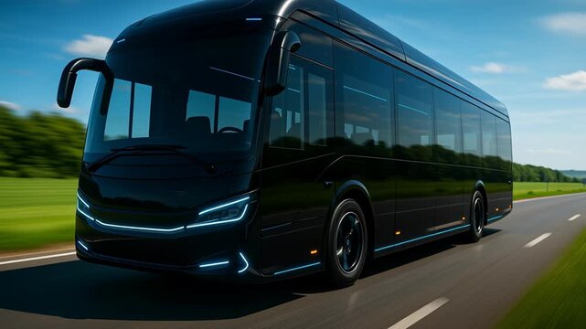 Electric bus innovation. Modern black electric bus speeding highway with glowing blue LED lights and vitamin C serum effect, sleek vehicle for modern
