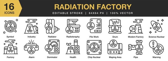 Radiation Factory icon set. Editable Stroke Icon Collection. Includes factory, radiation, industry, pollution, ecology, and More. Outline icons vector collection.