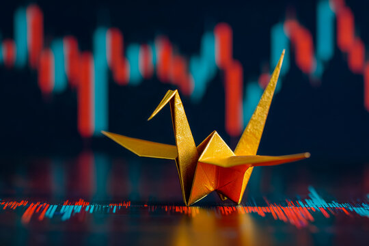 Gold origami crane amid fluctuating financial graphs and market data - Powered by Adobe