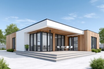 Modern architectural design of a stylish house with wooden accents and large glass windows, surrounded by greenery and a clear blue sky