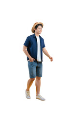 A man walking, smiling, dressed casually with a straw hat on png background