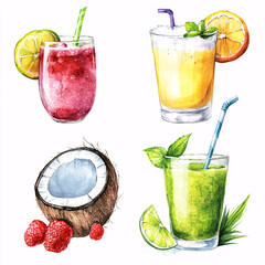 Watercolor tropical drink clipart set with smoothies, coconut, citrus fruits, and fresh garnishes on white background
