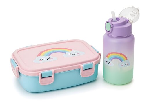 Charming pastel lunchbox and reusable water bottle set for kids, decorated with a cute smiling rainbow and clouds for school meals