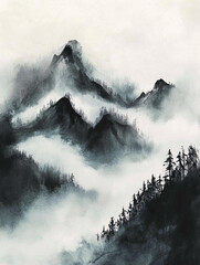 Misty mountain landscape in traditional ink wash painting style with pine trees and layered fog in monochrome tones
