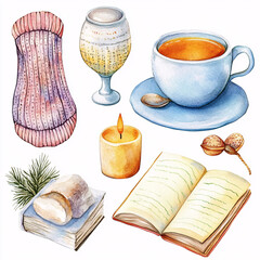 Cozy watercolor clipart set with tea, books, candle, knit socks, and holiday treats in warm winter style
