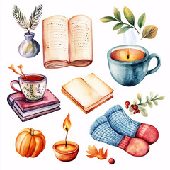 Cozy autumn watercolor clipart set with books, candles, socks, tea, pumpkin, and fall foliage elements
