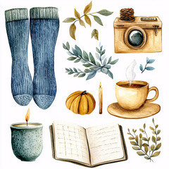 Cozy autumn watercolor clipart set with socks, coffee, leaves, candle, journal, pumpkin, and vintage camera
