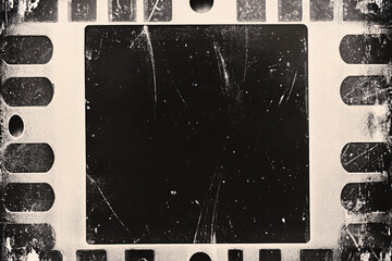Black and white vintage filmstrip frame with scratched surface, grunge texture, and retro cinematic border
