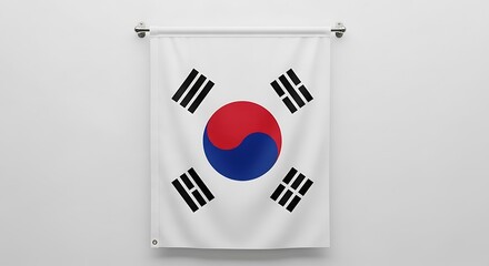 The South Korean flag, a symbol of national identity, waving from a modern skyscraper against the hazy Seoul cityscape.