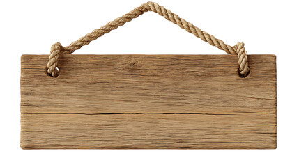 Blank wooden signboard hanging by rope on white background. 