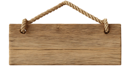 Blank wooden signboard hanging by rope on white background. 
