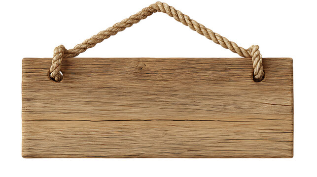 Blank wooden signboard hanging by rope on white background. 