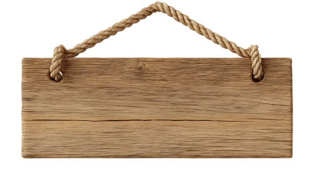 Blank wooden signboard hanging by rope on white background. 
