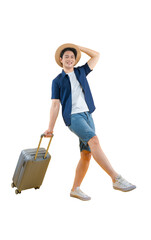 A joyful traveler with suitcase, is ready to take an adventure and new experiences with hat on png...