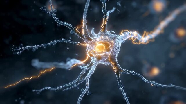 Artistic rendering of fluorescent electrical spark racing down nerve cell axon capturing rapid neural firing and information transfer.