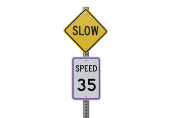Isolated Road Signs for 'SLOW' Warning and 'SPEED 35' Limit