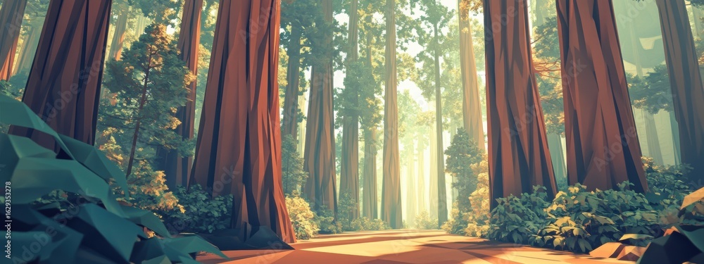 Poster serene forest scene with tall trees and soft light filter