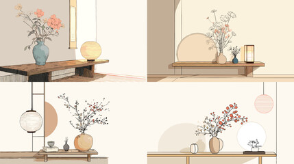 Minimal Japanese interior illustrations featuring flower vases, soft lighting, and calming decor—great for home aesthetics, Zen lifestyle, and interior design themes.

