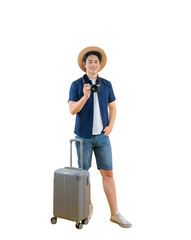 Young male traveler stands confidently beside his luggage, holding a camera, on png background